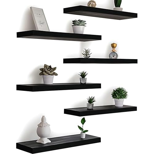 Wood Floating Shelves for Wall, Wooden Wall Shelves for Bedroom, Wall Mounted Shelves for Living Room, Set of 6 Black