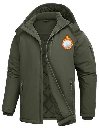 TOMEEK Softshell Jackets Mens Hood Full Zip Outdoor Winter Coats with Multi Pockets Padded Fleece Water Repellent for Running Climbing Men's Jackets(Army green,L)