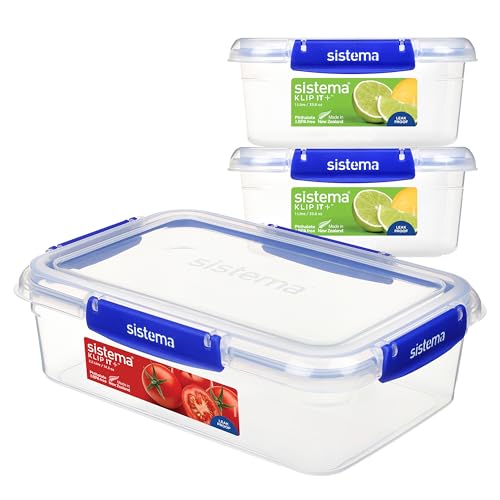 Sistema KLIP IT PLUS Boîtes de conservation alimentaire antifuite | 2 x 1 L & 2,2 L | Boîtes de préparation avec couvercle hermétique sempilablese mboîtables | Boîtes à repas pour l’école | 3 unités