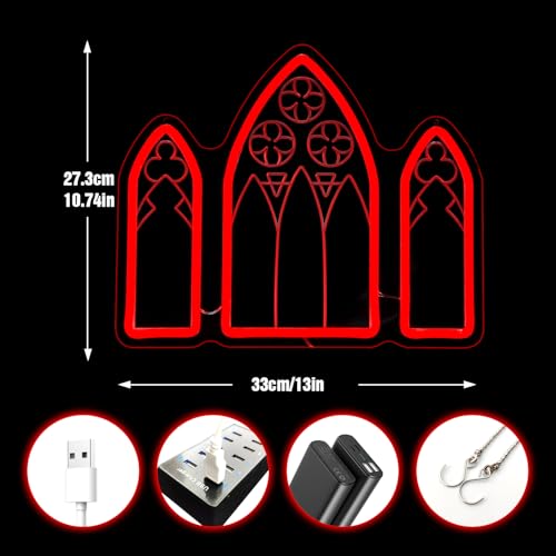 Image of Gothic Window Neon Sign Horror Red Neon Signs for Wall Decor, Dimmable Gothic Medieval Cathedral Neon Art, Red LED Light Sign for Haunted House Man Cave Halloween Party Gifts