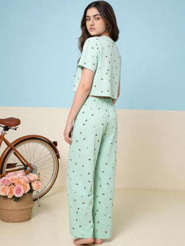 Image of Li'l Tomatoes Girls Cotton Night Suit Set | 100% Cotton Summer Co-Ord Set | Half Sleeve T-Shirt & Full Length Pajama | Soft & Breathable Printed Clothing Set | 9-16 Years