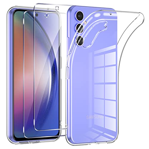 Phoona für Samsung Galaxy A54 5G Hülle mit 2 Stück Schutzfolie, Transparent Silikon Weiches TPU Handyhülle Stoßfest Verg...
