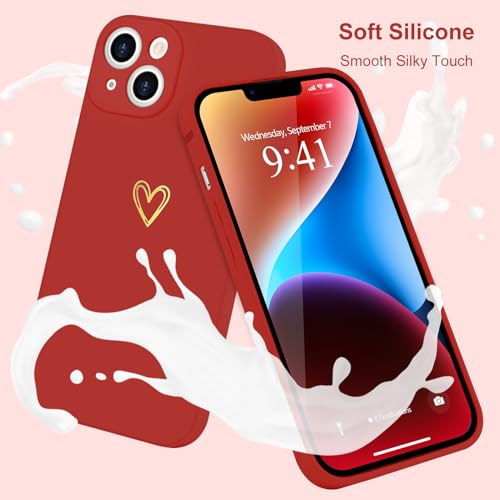 Image of Wirvyuer for iPhone 14 Case Cute Heart Pattern Soft Shockproof Slim Protective Silicone Phone Case Cover for Women Girls, Bright Red