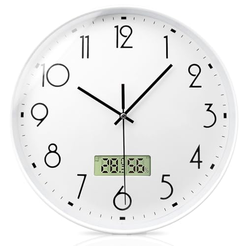 Funk Wanduhr 12 Zoll Wanduhr Funk Digitale Funkwanduhr Küchenuhr Mit Temperaturanzeige Und Hygrometer, Wanduhren Lautlos Wanduhren Ohne Tickgeräusche Hängeuhr Für Küche Wohnzimmer Büro Schlafzimmer