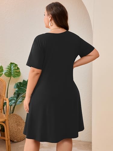 Image of AusLook Plus Size Midi Dress for Women Loose V Neck Short Sleeve Summer Casual A Line T Shirt Sundresses with Pockets 1X-5X