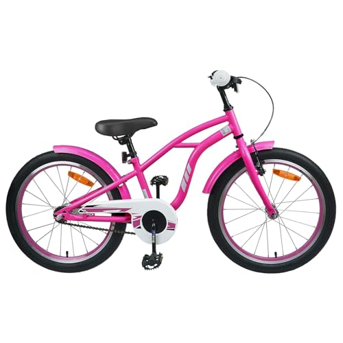 Runheo Bicicleta infantil de 18 pulgadas, color rosa oscuro, de acero, con sillín ajustable y manillar para niños de 5 a 7 años, incluye guardabarros, timbre, freno de llanta y freno de contrapedal