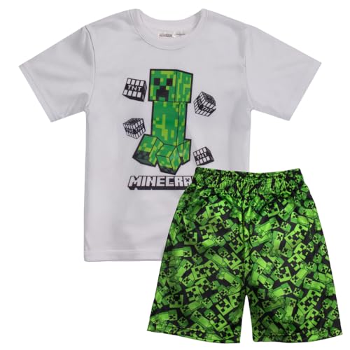 Minecraft Creeper Allover Graphic Boys Short Sleeve T-Shirt & Shorts 2-Piece Gamer Outfit Set for Kids and Toddlers (Size 7 White/Green)
