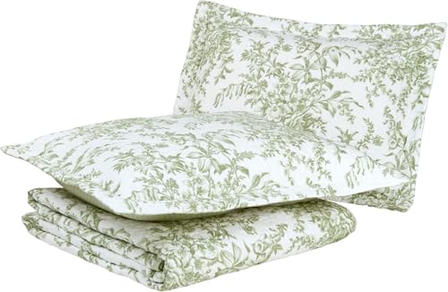 Image of Laura Ashley - Queen Quilt Set, Soft & Reversible Cotton Floral Bedding with a Medium Weight Feel, 3 Piece Bed Set with Matching Pillowcases (Bedford Green /Off-White)