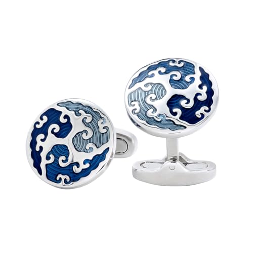 Round Cufflinks with Blue Enamel Wave Overlay
