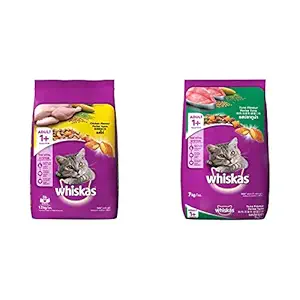 Whiskas Adult (+1 Year) Dry Cat Food, Chicken Flavour, 1.2kg Pack & Adult (+1 Year) Dry Cat Food, Tuna Flavour, 7kg Pack