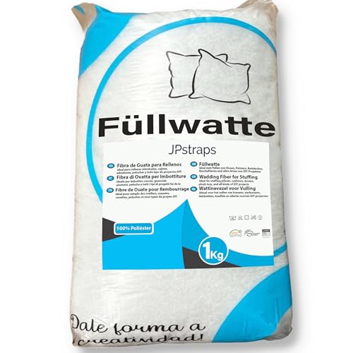JPstraps - Füllwatte 100% Polyester – weiche, dichte Watte für Kissenfüllung, Kuscheltiere und Amigurumis, silikonisierte Hohlfaser Bastelwatte für DIY und Deko-Ideen (1 kg)