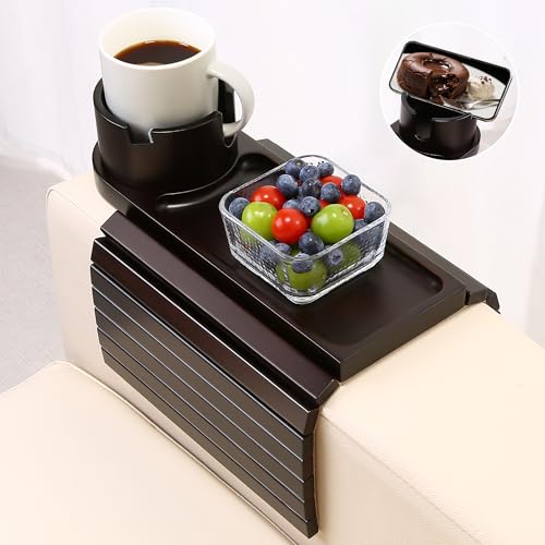 aisongdong Couch Cup Holder Bamboo Couch Arm Tray with 360 Rotating Cup Holder Foldable Anti-Slip Sofa Arm Chair Tray for Eating Snack Drink Side Table
