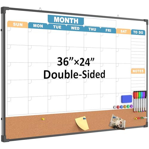 HLF-ho Monthly Calendar Dry Erase Board 36x24 Inch, Double-Sided Whiteboard and Corkboard Combo with Black Aluminum Frame (Color Calendar), Wall Mounted Planner with Marker, Magnet, Push Pin, Eraser
