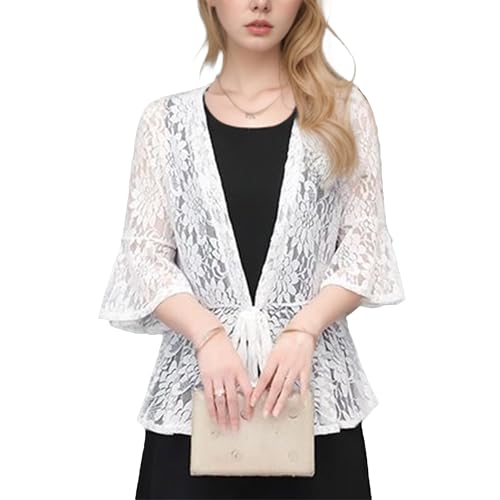 Image of FindThy Women's 3 /4 Flare Sleeve Lace Cardigan Tie Knot Front Floral Knitted Cover Up Shrugs