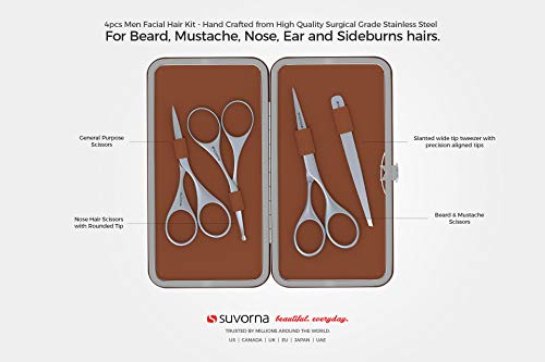 Kit Suvorna para Bigote y Barba con Tijeras para Barba, Bigote, Nariz, Cejas y Pinzas para el vello facial | Tijeras de Peluquería y Corte de Cabello. (Marrón)