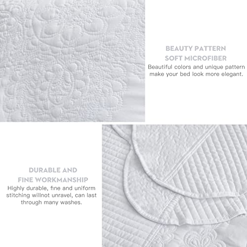 Image of HZ & HY Oversized King Bedspread, Stitched Damask Quilt Set King /Cal King, Lightweight Reversible Coverlet, Scalloped Edge - Clean Classic Look, 5 Piece, Pure White