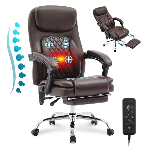 Image of 6-Point Massage Office Chair with Heated, Ergonomic Office Chair with Footrest & 45Reclining High Back, Big and Tall Executive Office Chair 500LBS, Thick Cushion Desk Chair for Home Office, Brown(PU)
