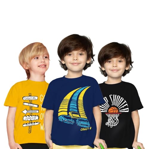 Image of Yazh Texworld Boys Round Neck Blended Cotton T-Shirts | Regular Fit | Half Sleeve | Casual Wear | Trendy | Combo Pack of 3 | Multicolor | Soft, Durable, and Stylish for Everyday use