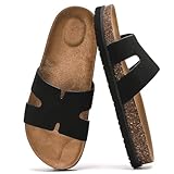 Bodantory Women's Cork Footbed Slides with Arch Support,Comfortable Summer Beach Vacation Sandals for Women,Memory Foam Outdoor Flat Sandals