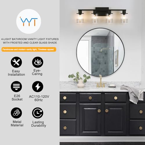 Image of YYT 4 Light Bathroom Light Fixtures Black Vanity Lights for Bathroom Vanity Light Matte Black 4 Light with Clear Glass Shades