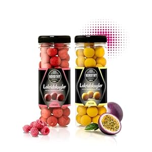 Nordthy Lakritz Kugel Mix 2 x 300g Himbeere/Passionsfrucht– Original Dänische Lakritze Geschenkset – Lakritzkugeln umhüllt von edler Schokolade – Gourmet weiches Lakrids Süßigkeiten