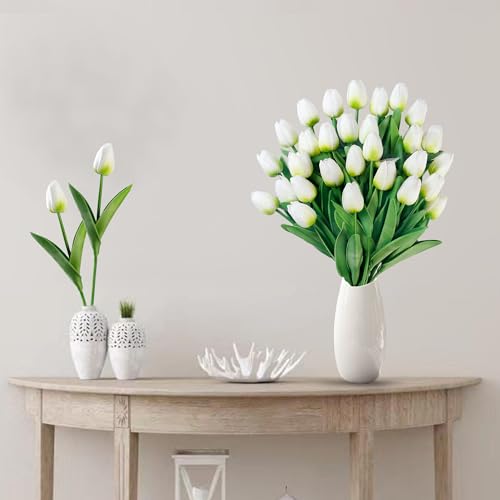 Image of Sggvecsy 30 Pcs Fake Tulips Artificial Flowers Real Touch PU Faux Flowers Tulip Stems for Wedding Spring Bouquet Floral Arrangement Home Party Office Decorations for Mother's Day (Green White)
