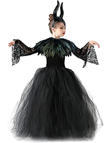 LVOW Flower Girls Dress Princess Lace Tutu Tulle Dresses for Halloween with Maleficent Horns Feather Cape Costume Set-130
