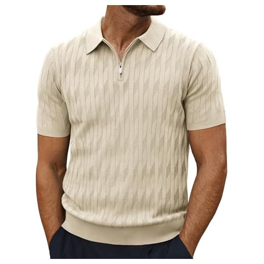 PJ PAUL JONES Camisa polo masculina com zíper de um quarto e manga curta, texturizada, camisa polo casual de golfe, Damasco, M