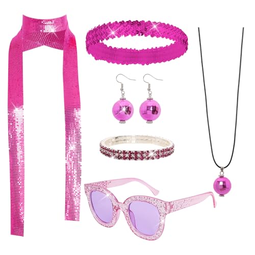 Gvhntk 6 Pcs 70s Women Disco Accessories Disco Costume Disco Sequin Scarf Headband Diamond Bracelet Ball Necklace Earring Glasses(Rose Red)