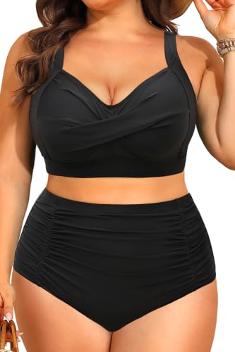 Image of Daci Women Plus Size High Waisted Two Piece Swimsuit Tummy Control Bikini | Twist Front,Ruched Tummy Control,High Waist,V Neck,Full Coverage,Retro,Removable Pads,Adjustable Straps