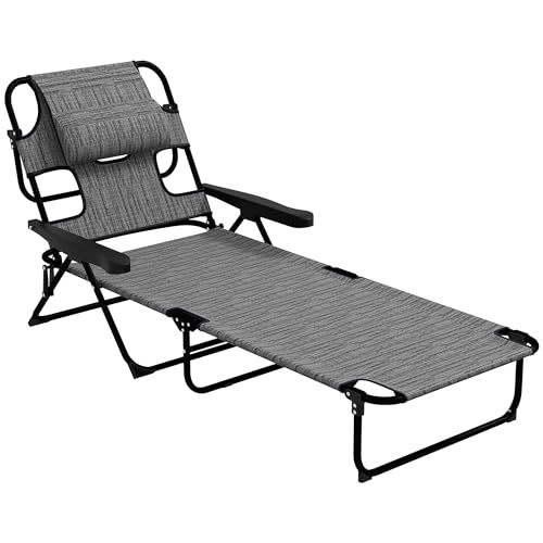 Outsunny Bain de Soleil Chaise Longue Pliante avec appuie-tête, Trou de Lecture, Dossier inclinable en textilène, transat Jardin extérieur pour Plage Relax...