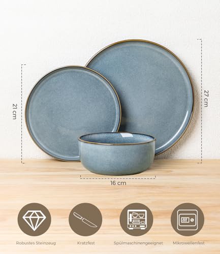 GBhome Geschirrset 6 Personen, 18-tlg Reaktive Glasur Handarbeit Steingut Geschirr Set, Mikrowellen- & Spülmaschinenfest Schüssel- und Teller Set, Weltraum Blau