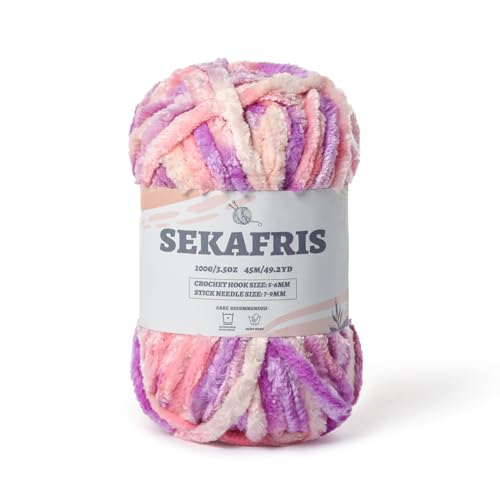 Image of Fuzzy Chunky Chenille Yarn for Crocheting,Soft Plush Yarn for Hand Knitting,Bulky 100 g(49.2 yd) Baby Blanket Yarn for Crocheting Amigurumi Yarns,Crochet Fluffy Velvet Yarns (Pink Purple)