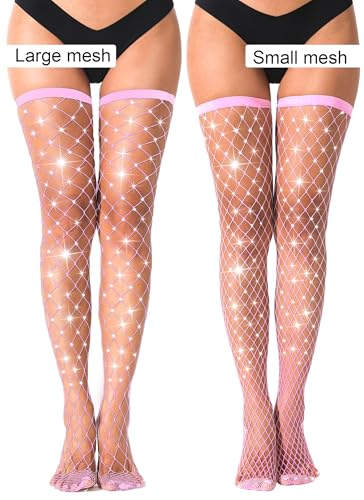 Image of VOAKOW 2 Pairs Thigh High Fishnet Stockings Sparkly Fishnet Tights for Women, Rhinestone Fishnets Stockings