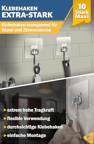 4smile Klebehaken extra stark – 10 Stück mit 15 kg Tragkraft, selbstklebende Haken, 180° drehbar, robuste Klebehaken und transparente Handtuchhaken für Wand, Deko, Küche und Bad