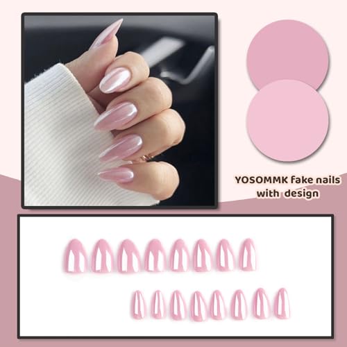 YOSOMMK Pink Chrome Press on Nails Almond Medium Fake Nails with Designs Full Cover False Nails Glossy Glue on Nails for Women and Girls - Image 5