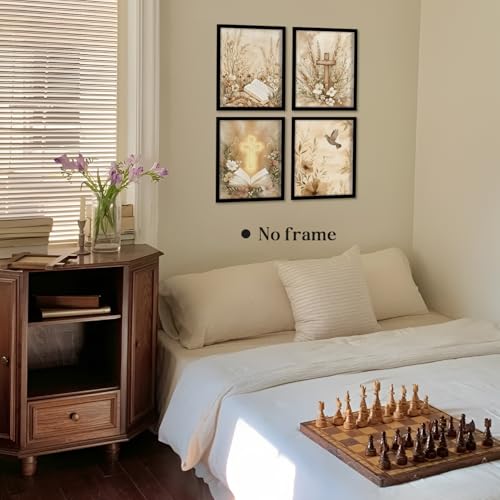 Image of WEFKODO Vintage Christian Bookish Decor Wall Art, Retro Bible Christian Pictures Wall Decor for Home Bathroom Reading Room Church Bedroom, Jesus Art Posters Prints 4Pcs, 8x10 Unframed