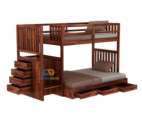 Image of Custom Decor Sheesham Wood Bunk Bed | Wooden Double Bed Bed Furniture for Bedroom | Living Room | Home (Spring-N)