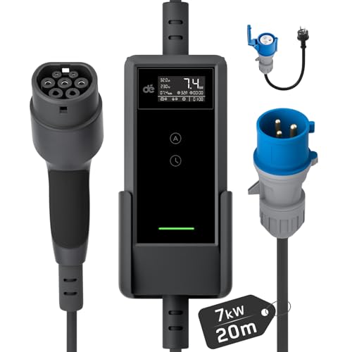 dé Cargador Coche Electrico 7,4kW [20m, 6A-32A, Monofásico] EV Tipo 2 de 7kw 32A, Vehiculo Electrico 32a para Model Y/3, GLC, Q3, Kuga, iX1, EX30, Niro, Ioniq 5, EQA y Otros BEV/PHEV
