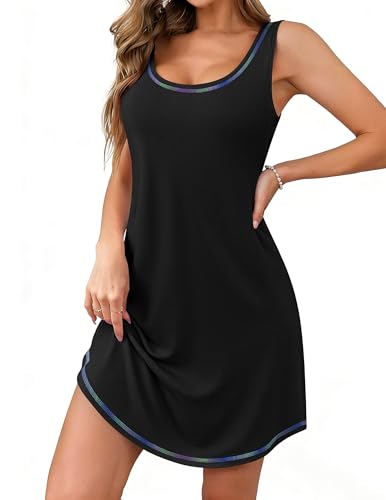 Ekouaer Nightgowns for Women Bamboo Viscose Night Gown Sleeveless Sleepshirt Chemise Sleepwear Tank Sleep Dress Black M
