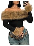 Milumia Women's Faux Fur Top Off Shoulder Long Sleeve Fuzzy Y2k Street Crop Top Party Outfits Multicolor Small