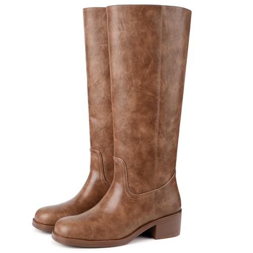 Image of Gothictor Women's Banana Knee High Boots Square Toe Chunky Block Heel Comfortable Low Heel Pull on Wide Calf Riding Long Boots for Women