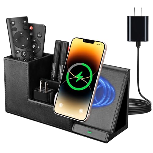 Wireless Charger with Desk Organizer, Fast Charging Station for iPhone 15 14 13 12 11 Pro Max/Samsung Galaxy S23/S22/S21/S20/Z Flip/Fold 5, Desk Phone Charger Stand Office Desktop Organizer Leather