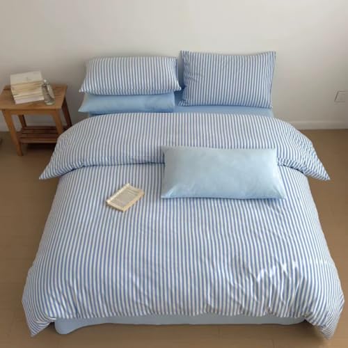 Image of PinkMemory Blue White Striped Duvet Cover Queen 100% Washed Cotton Stripes Patterned Duvet Cover Set Full 3pcs Retro Striped Bedding Set with Zipper Closure Corner Ties,Soft Breathable