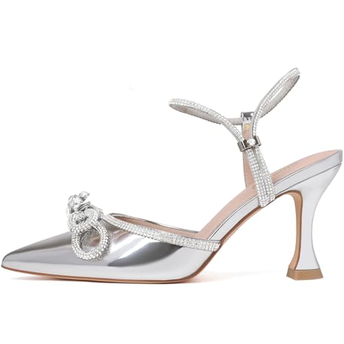 Image of Susanny Women's Closed Toe Rhinstone Wedding Low Heel Slingback Clear Kitten Heels,Adjustable Strap Pointed Toe Bow Pumps High Heeled Prom Dress Shoes
