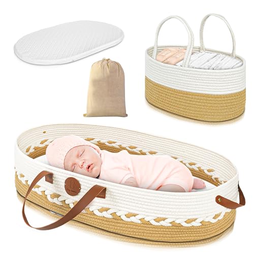 Image of Tiny Haven, Moses Basket for Newborn, Foam Pad Changing Basket with Waterproof Cover, Baby Changing Basket with Diaper Caddy, Cloth Tote Bag for Traveling with The Set, Portable Boho Set