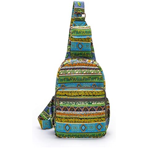 Women sling bag Elephant canvas large boho backpacks bohemian Crossbody Bag, Green Yellow, Large Cover