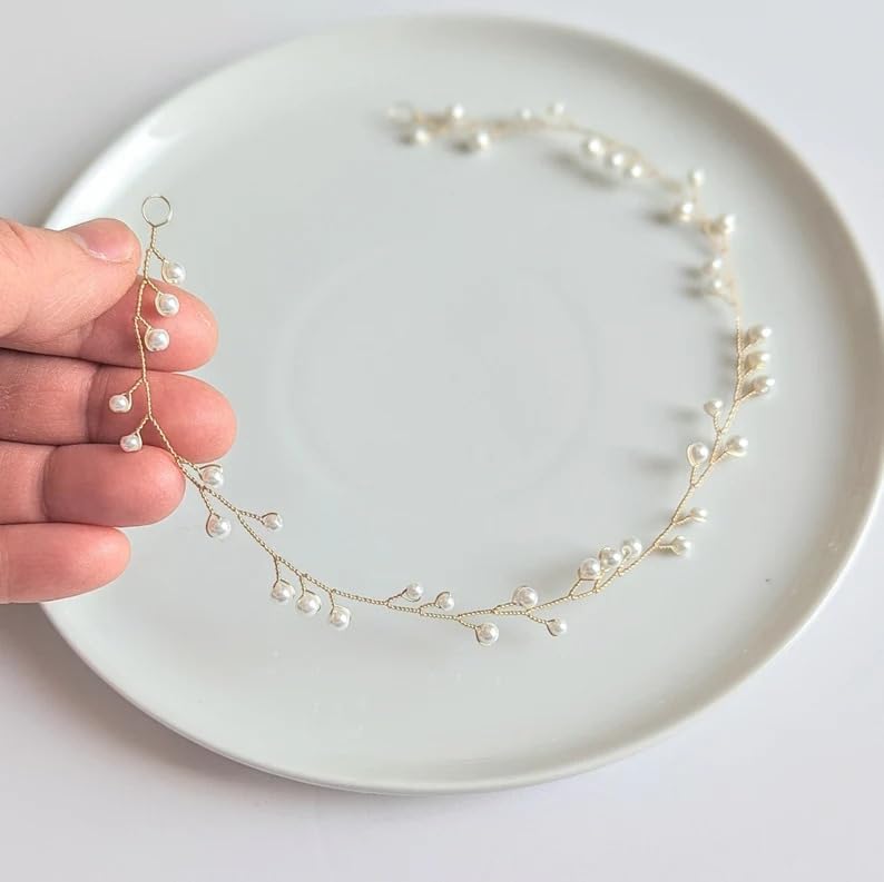 dhanabapa Golden Pearl Bridal Hair Vine | Minimalist Wedding Headband | Gift Ready | 1 Pc-picture-51