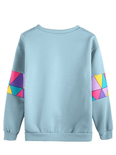 ROMWE Women's Top Long Sleeve Color Block Paper Airplane Graphic Print Patchwork Trim Tee Shirt Sweatshirt,Blue,XXL=US L