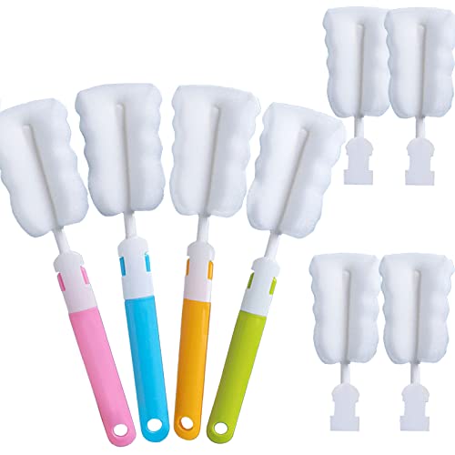 Image of Bottle Brush Sponge Cup Brush Set with 4 Replacement Brush Head Portable Long Handle Water Bottle Cleaner Brush, for Baby Bottles Vacuum Flasks (4 Brushes + 4 Heads)